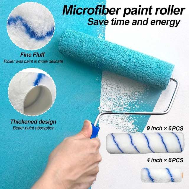 Alt view image 4 of 7 - 31 PCS Paint Roller Kit with 2 to 4 Ft Extension Pole 9" & 4" Rollers, Covers, Frame, Tray, Painters Tape & Long Handle Brush for Painting Walls, House, Corner & Concrete