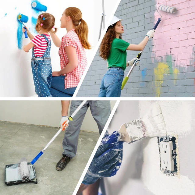 Alt view image 5 of 7 - 31 PCS Paint Roller Kit with 2 to 4 Ft Extension Pole 9" & 4" Rollers, Covers, Frame, Tray, Painters Tape & Long Handle Brush for Painting Walls, House, Corner & Concrete