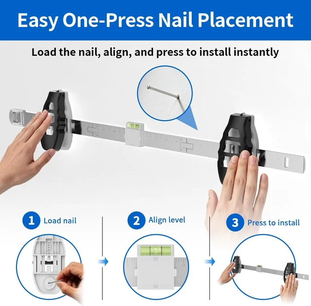 Alt view image 3 of 7 - 3-in-1 Picture Hanging Tool All-in-One Art Hanging Kit with Leveling, Position Marking & Push Nail Design, Double Nails for 25 Inch Frames, Home Decor Wall Solution