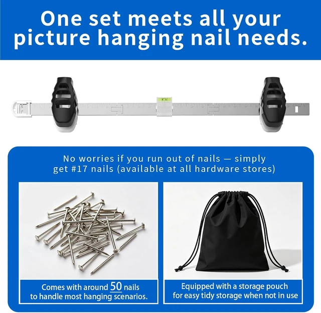 Alt view image 7 of 7 - 3-in-1 Picture Hanging Tool All-in-One Art Hanging Kit with Leveling, Position Marking & Push Nail Design, Double Nails for 25 Inch Frames, Home Decor Wall Solution