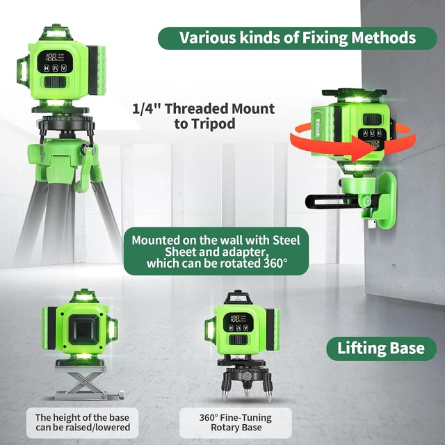 Alt view image 6 of 7 - 16 Line 4x360° 4D Green Cross Line Laser Level 360 Self Leveling Professional Leveler with 2 Batteries for Construction & Picture Hanging (Green)