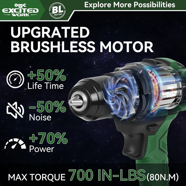 Alt view image 2 of 7 - 21V Brushless Cordless Impact Drill with Dual 3.0Ah Batteries