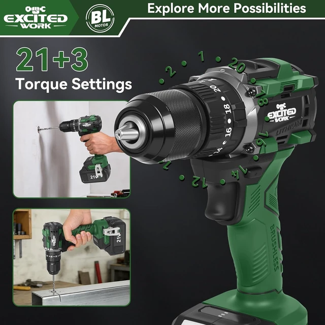 Alt view image 3 of 7 - 21V Brushless Cordless Impact Drill with Dual 3.0Ah Batteries