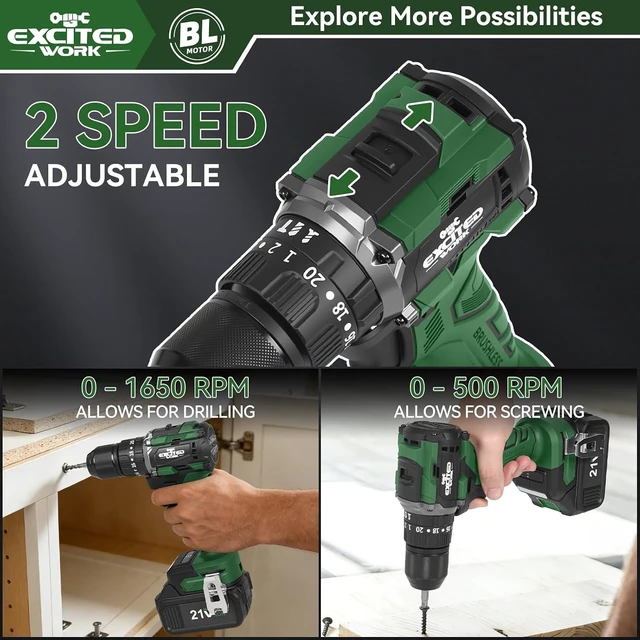 Alt view image 4 of 7 - 21V Brushless Cordless Impact Drill with Dual 3.0Ah Batteries