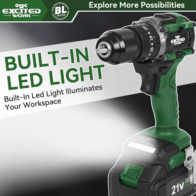 Alt view image 5 of 7 - 21V Brushless Cordless Impact Drill with Dual 3.0Ah Batteries