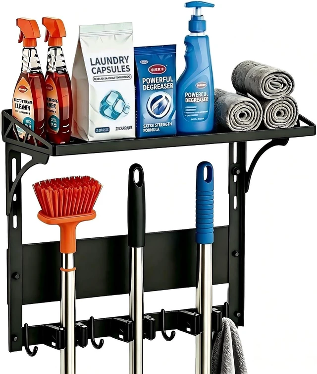 Main image of Heavy Duty Anti-Slip Magnetic Broom Holder Tool Rack with Top Utility Shelf, Easy Assembly Broom & Mop Organizer for Refrigerator, Metal Cabinet, Laundry Room & Kitchen, 3-Clamps 4-Hooks