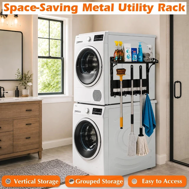Alt view image 2 of 7 - Heavy Duty Anti-Slip Magnetic Broom Holder Tool Rack with Top Utility Shelf, Easy Assembly Broom & Mop Organizer for Refrigerator, Metal Cabinet, Laundry Room & Kitchen, 3-Clamps 4-Hooks