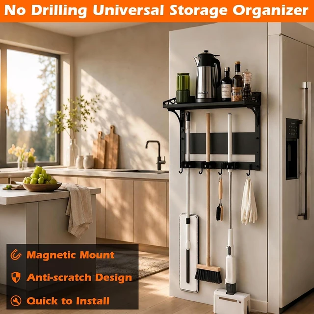 Alt view image 3 of 7 - Heavy Duty Anti-Slip Magnetic Broom Holder Tool Rack with Top Utility Shelf, Easy Assembly Broom & Mop Organizer for Refrigerator, Metal Cabinet, Laundry Room & Kitchen, 3-Clamps 4-Hooks