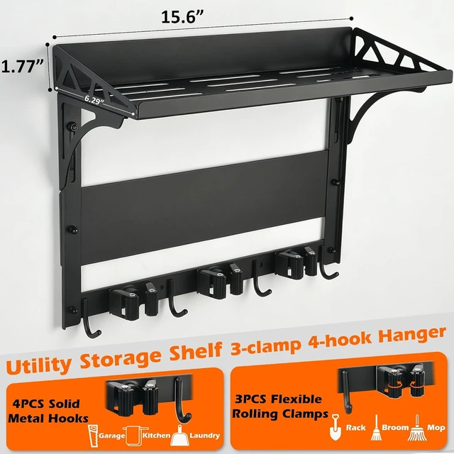 Alt view image 5 of 7 - Heavy Duty Anti-Slip Magnetic Broom Holder Tool Rack with Top Utility Shelf, Easy Assembly Broom & Mop Organizer for Refrigerator, Metal Cabinet, Laundry Room & Kitchen, 3-Clamps 4-Hooks