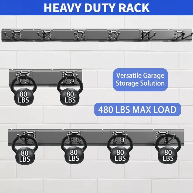 Alt view image 2 of 7 - 48 Inch Heavy Duty Garage Tool Organizer Wall Mount Garden Tool Storage System, Easy Install with 6 Adjustable Straight Hooks for Garage, Basement, Shed & Workshop, Black Steel