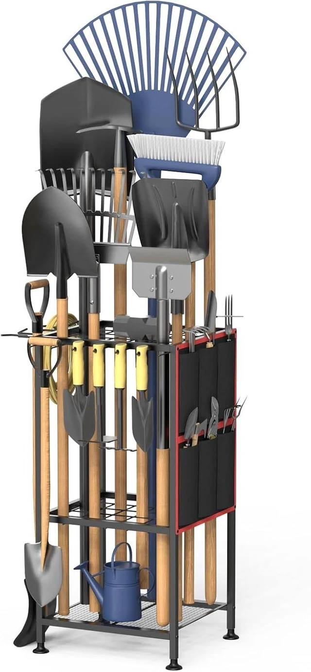 Main image of Heavy Duty Metal Garden Tool Organizer Holds 50 Long-Handled Tools, Rakes & Brooms, Side Garden Pocket, Steel Yard Storage Rack for Garage, Shed & Outdoor