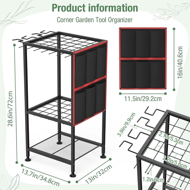 Alt view image 2 of 7 - Heavy Duty Metal Garden Tool Organizer Holds 50 Long-Handled Tools, Rakes & Brooms, Side Garden Pocket, Steel Yard Storage Rack for Garage, Shed & Outdoor