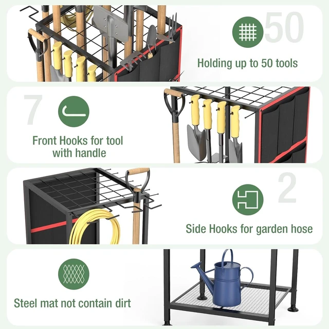 Alt view image 3 of 7 - Heavy Duty Metal Garden Tool Organizer Holds 50 Long-Handled Tools, Rakes & Brooms, Side Garden Pocket, Steel Yard Storage Rack for Garage, Shed & Outdoor