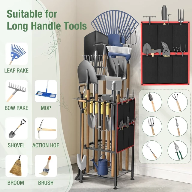 Alt view image 5 of 7 - Heavy Duty Metal Garden Tool Organizer Holds 50 Long-Handled Tools, Rakes & Brooms, Side Garden Pocket, Steel Yard Storage Rack for Garage, Shed & Outdoor