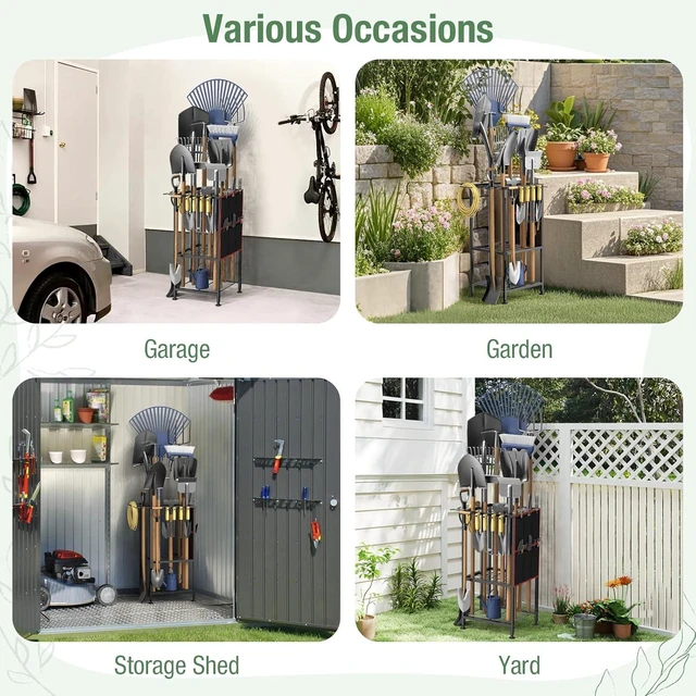 Alt view image 6 of 7 - Heavy Duty Metal Garden Tool Organizer Holds 50 Long-Handled Tools, Rakes & Brooms, Side Garden Pocket, Steel Yard Storage Rack for Garage, Shed & Outdoor