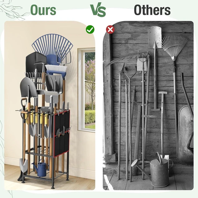 Alt view image 7 of 7 - Heavy Duty Metal Garden Tool Organizer Holds 50 Long-Handled Tools, Rakes & Brooms, Side Garden Pocket, Steel Yard Storage Rack for Garage, Shed & Outdoor