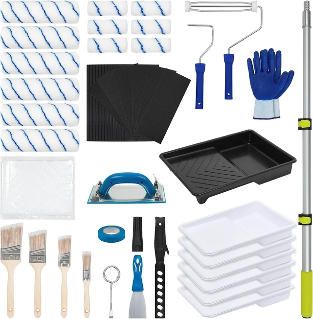 Main image of 54 PCS Paint Roller Kit with Extension Pole All-in-One Painting Supplies & Repair Set for Home DIY, Includes 4 & 9 Rollers, Brushes, Hand Sander & Drop Cloth for Walls, Ceilings & Wood Furniture