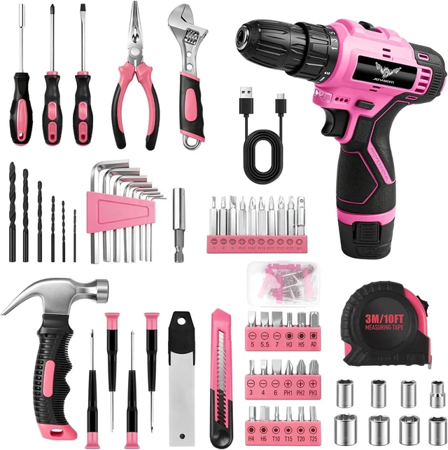 Alt view image 3 of 7 - 151-Piece Home Tool Set with 12V Pink Cordless Drill