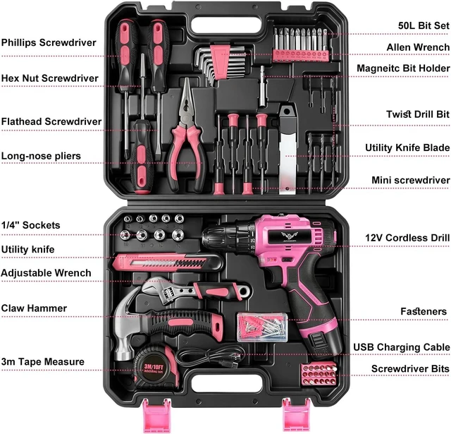 Alt view image 2 of 7 - 151-Piece Home Tool Set with 12V Pink Cordless Drill