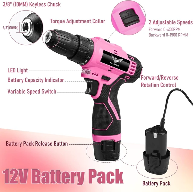 Alt view image 4 of 7 - 151-Piece Home Tool Set with 12V Pink Cordless Drill