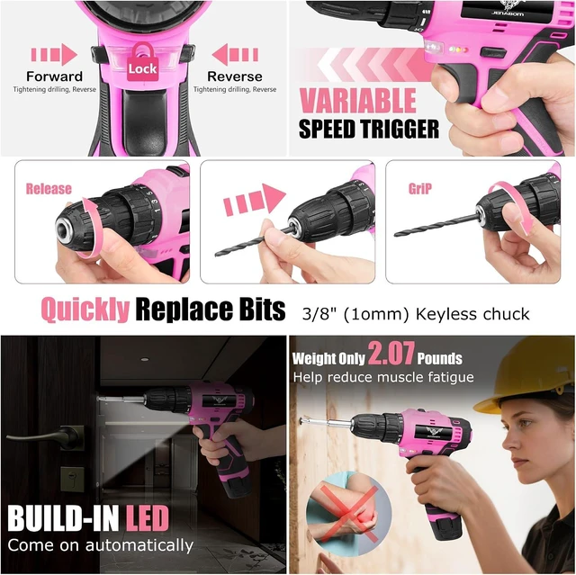 Alt view image 6 of 7 - 151-Piece Home Tool Set with 12V Pink Cordless Drill