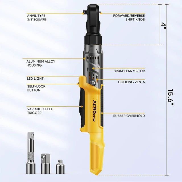 Alt view image 2 of 7 - 3/8" Brushless Cordless Ratchet Wrench for Dewalt 20V Battery