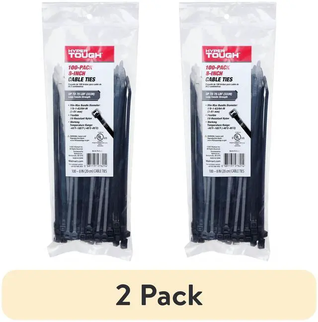 Main image of (2 pack) Hyper Tough 8 inch 75lb Cable Ties UV Resistant Black 100 Count