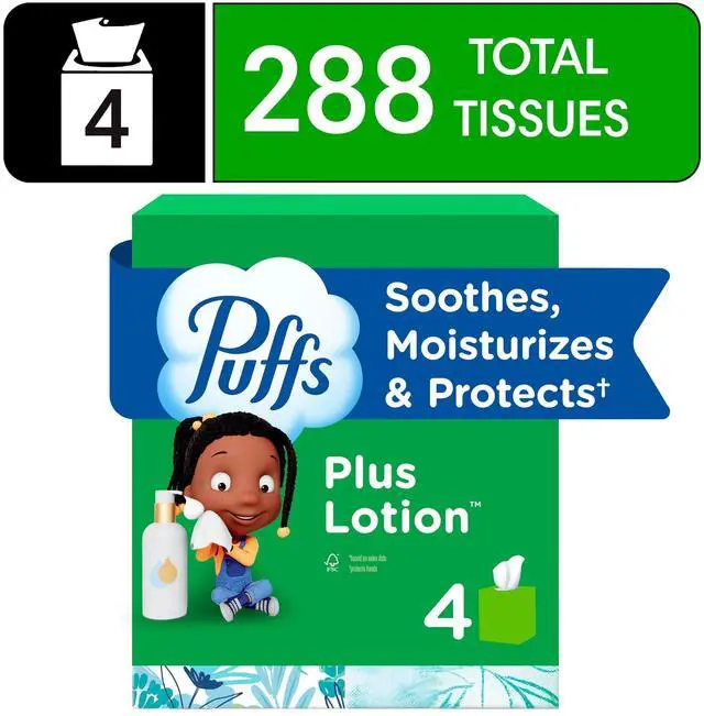 Main image of Puffs Facial Tissue Plus Lotion, 4 Mega Cube Boxes, 72 Tissues Per Box