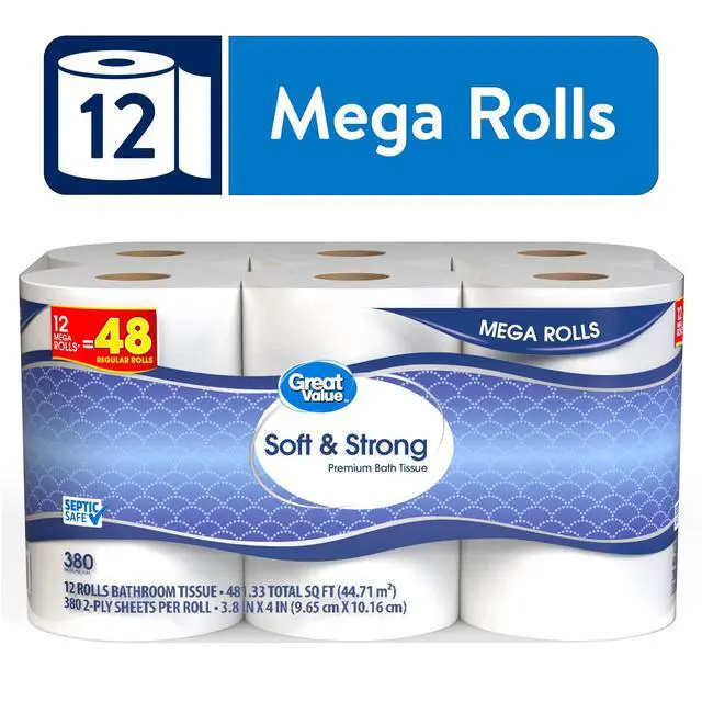 Alt view image 5 of 6 - Great Value Soft & Strong Toilet Paper, 12 Mega Rolls, 380 Sheets per Roll