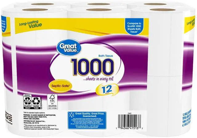 Main image of Great Value Toilet Paper, 1000 Sheets per Roll, 12 Rolls