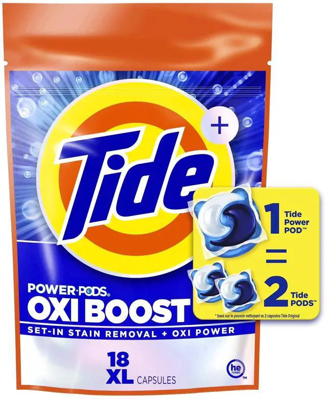 Main image of Tide Oxi Boost Power PODS with Stain Remover and Oxi Power Laundry Detergent Pacs, 18 Count