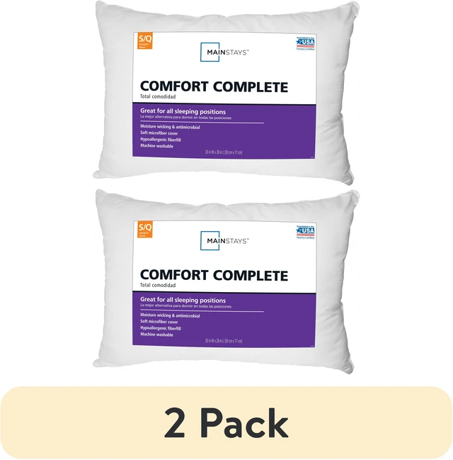 Main image of (2 pack) Mainstays Comfort Complete Bed Pillow, Standard/Queen, White- All Positions Antimicrobial