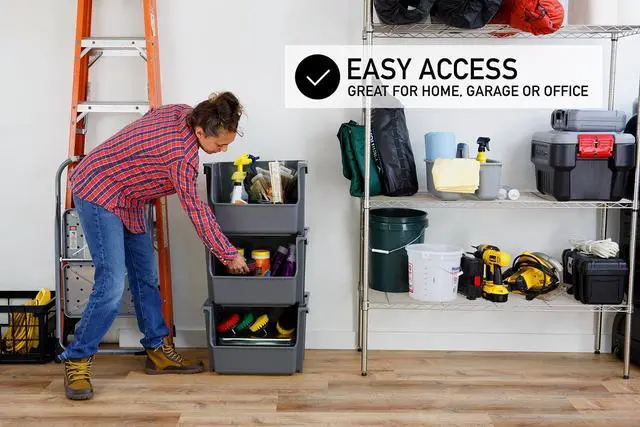 Alt view image 4 of 6 - Mighty Tuff Garage Stacking Storage Bin, Plastic, Gray