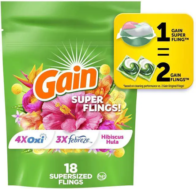 Main image of Gain Super Flings Laundry Detergent Pacs, Hibiscus Hula Scent, 18 Count, Irresistibly Clean and Fresh Washing Detergent Pacs