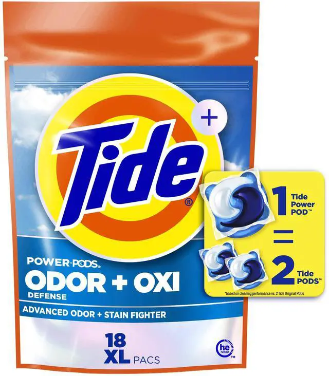 Main image of Tide Odor Defense + Oxi Laundry Detergent Pacs, Advanced Odor + Stain Fighter, Original Scent, 18 Count, laudry soap washing detergent pacs