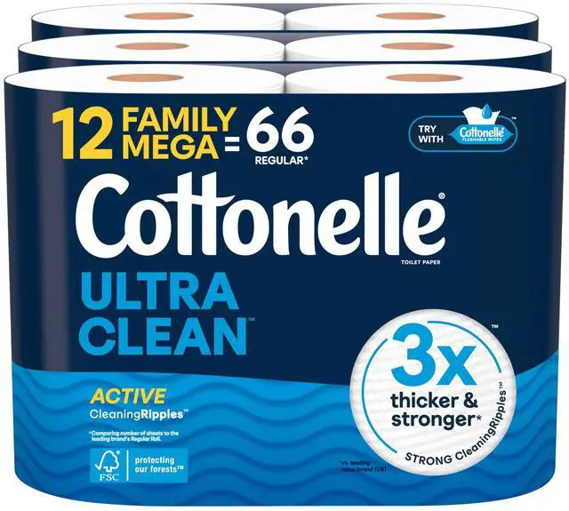 Main image of Cottonelle Ultra Clean Toilet Paper, Active CleaningRipples Texture, Strong Bath Tissue, 12 Family Mega Rolls = 66 Regular Rolls