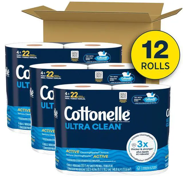 Alt view image 5 of 6 - Cottonelle Ultra Clean Toilet Paper, Active CleaningRipples Texture, Strong Bath Tissue, 12 Family Mega Rolls = 66 Regular Rolls