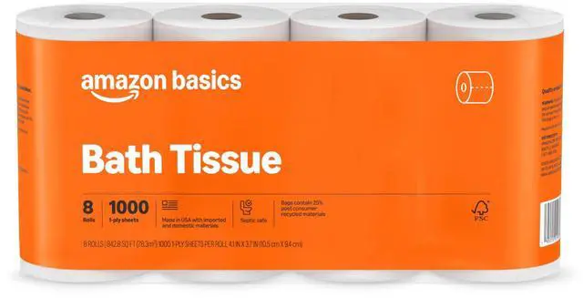 Main image of Basics 1-Ply Bath Tissue, 1000 Sheet, 8 Rolls, Septic Safe