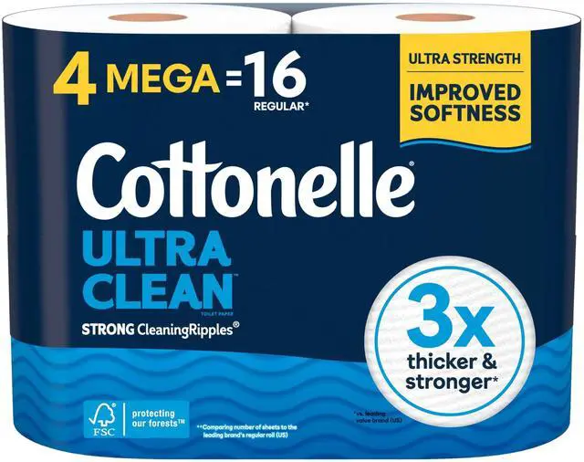 Main image of Cottonelle Ultra Clean Toilet Paper, 4 Mega Rolls = 16 Regular Rolls, Packaging May Vary