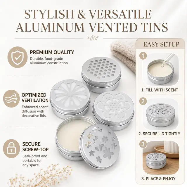 Alt view image 3 of 7 - Psyqtsuary 4 Pcs Empty Metal Tins Storage Containers with Hollow Lids, 2oz Scent Beads Container, Perfume Air Freshener Diffuser Refillable Small Round Jars for Aromather