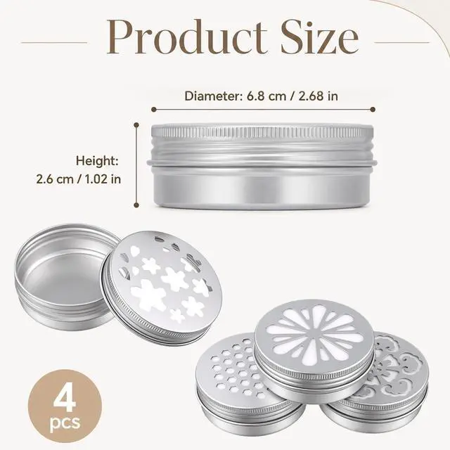 Alt view image 2 of 7 - Psyqtsuary 4 Pcs Empty Metal Tins Storage Containers with Hollow Lids, 2oz Scent Beads Container, Perfume Air Freshener Diffuser Refillable Small Round Jars for Aromather