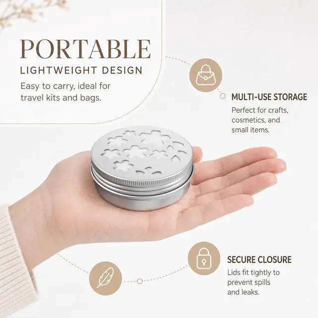 Alt view image 4 of 7 - Psyqtsuary 4 Pcs Empty Metal Tins Storage Containers with Hollow Lids, 2oz Scent Beads Container, Perfume Air Freshener Diffuser Refillable Small Round Jars for Aromather
