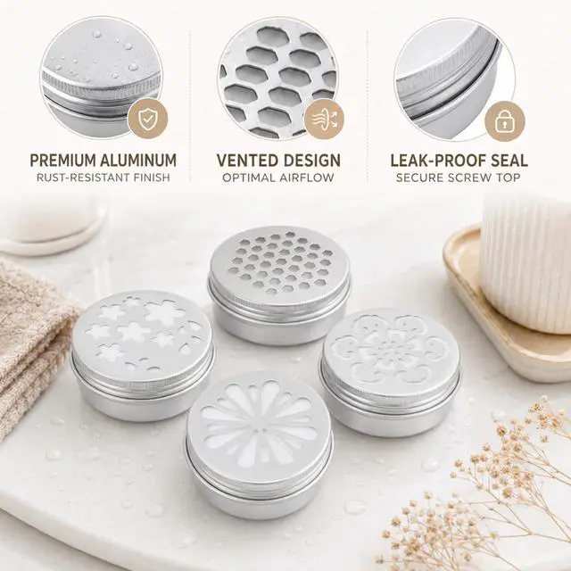 Alt view image 5 of 7 - Psyqtsuary 4 Pcs Empty Metal Tins Storage Containers with Hollow Lids, 2oz Scent Beads Container, Perfume Air Freshener Diffuser Refillable Small Round Jars for Aromather