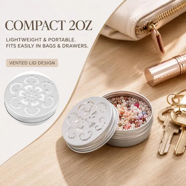 Alt view image 7 of 7 - Psyqtsuary 4 Pcs Empty Metal Tins Storage Containers with Hollow Lids, 2oz Scent Beads Container, Perfume Air Freshener Diffuser Refillable Small Round Jars for Aromather