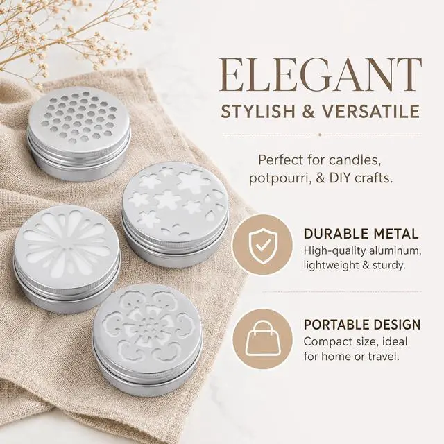 Alt view image 6 of 7 - Psyqtsuary 4 Pcs Empty Metal Tins Storage Containers with Hollow Lids, 2oz Scent Beads Container, Perfume Air Freshener Diffuser Refillable Small Round Jars for Aromather