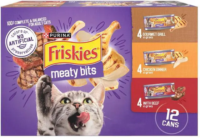 Main image of Purina Friskies Gourmet Grill Chicken Dinner & Beef Meaty Bits Wet Cat Food Variety Pack, 5.5 oz Cans, 12 Pack