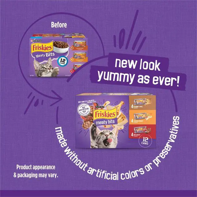 Alt view image 2 of 5 - Purina Friskies Gourmet Grill Chicken Dinner & Beef Meaty Bits Wet Cat Food Variety Pack, 5.5 oz Cans, 12 Pack