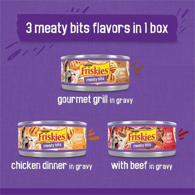 Alt view image 3 of 5 - Purina Friskies Gourmet Grill Chicken Dinner & Beef Meaty Bits Wet Cat Food Variety Pack, 5.5 oz Cans, 12 Pack