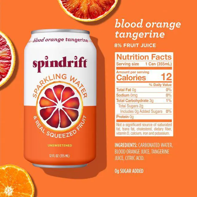 Alt view image 2 of 4 - Spindrift Sparkling Water Blood Orange Tangerine Flavored, Made with Real Squeezed Fruit, 12 fl oz, 8 Count, No Sugar Added, 12 Calories per Can