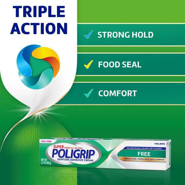 Alt view image 3 of 4 - Poligrip Free Denture Adhesive Cream, 2.4 Oz, Strong All-Day Hold, Food Seal